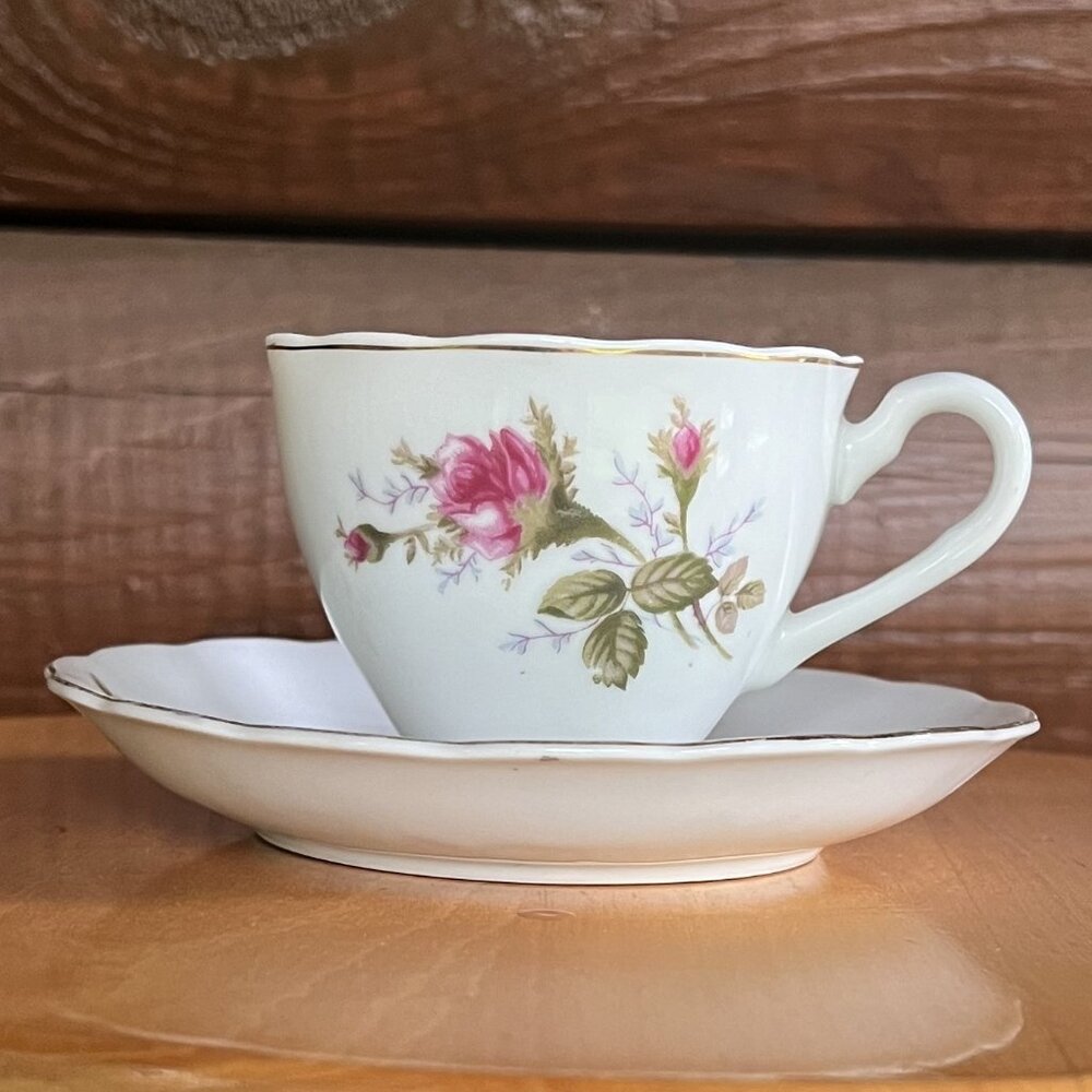 Vintage Japan Porcelain Roses Teacup & Saucer with Gold Trim, Set #2